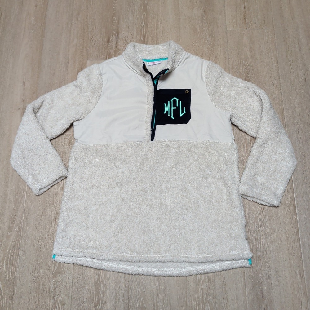 Marleylilly Womens L XL Sherpa Fleece Snap Pullover Cream Navy Monogram MFL‎